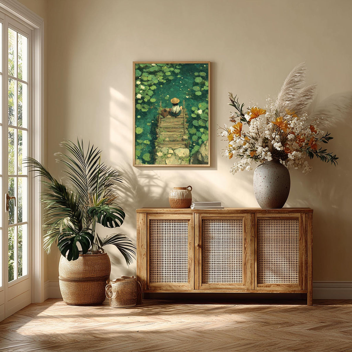 Water Lily Dock Art Print | Peaceful Lotus Pond, Zen Garden Nature Decor