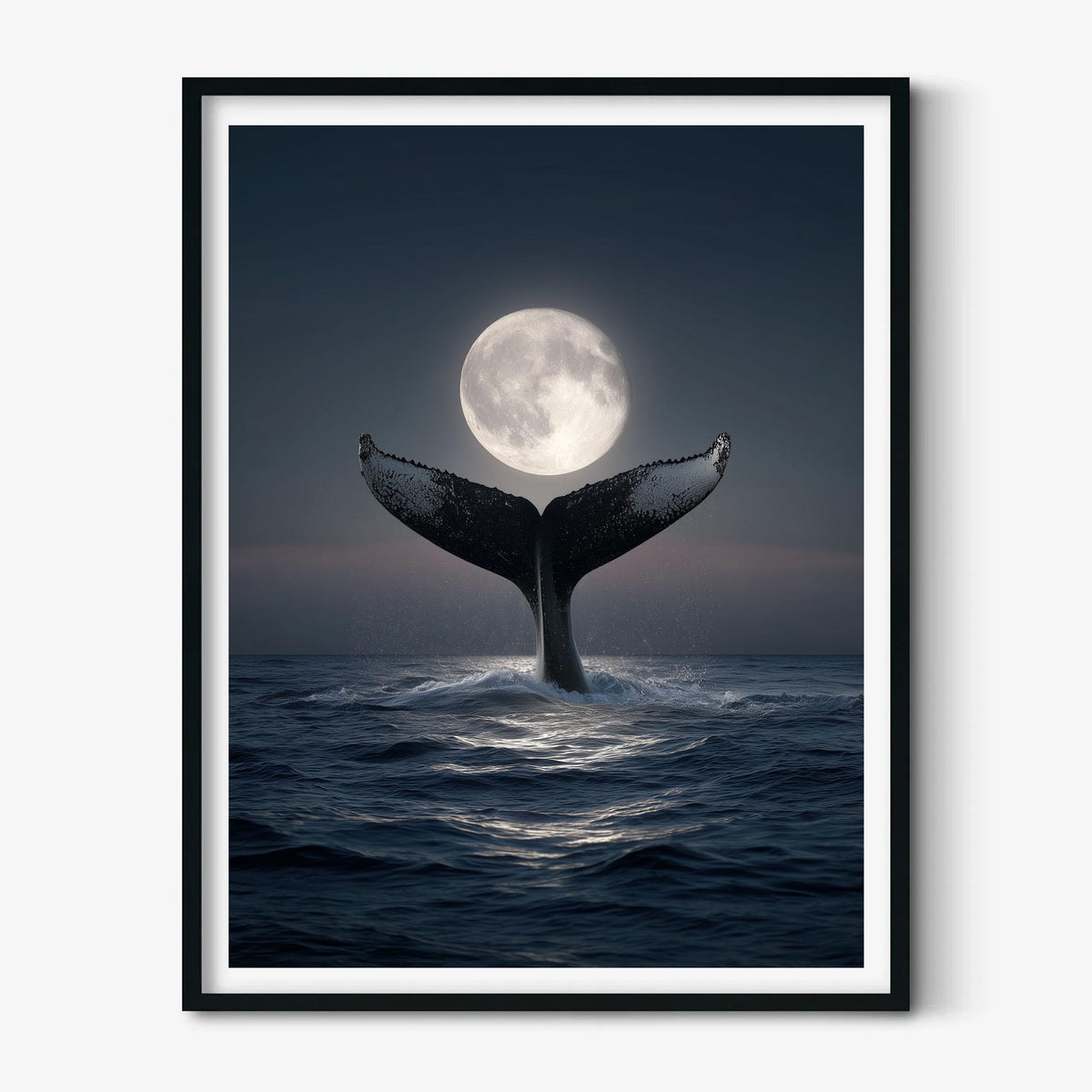 Whale Tail Full Moon Ocean Poster | Dark Coastal Night Art Print