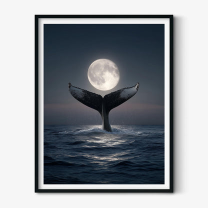 Whale Tail Full Moon Ocean Poster | Dark Coastal Night Art Print