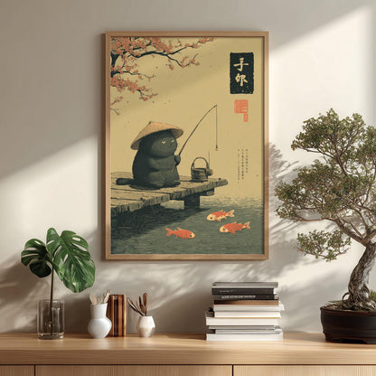 Fishing Cat Poster | Japanese Black Cat, Koi Fish Art Print, Whimsical Decor