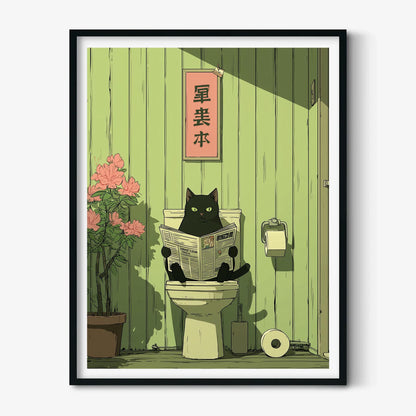 Black Cat Reading Newspaper Toilet Art Print | Whimsical Japanese Style Bathroom Decor