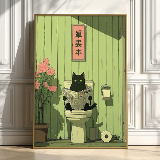 Black Cat Reading Newspaper Toilet Art Print | Whimsical Japanese Style Bathroom Decor