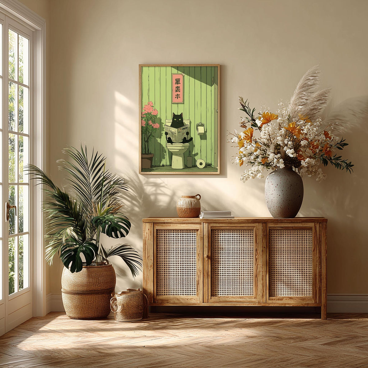 Black Cat Reading Newspaper Toilet Art Print | Whimsical Japanese Style Bathroom Decor