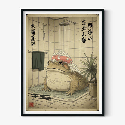 Frog Bathing Art Print | Whimsical Toad Shower Poster, Quirky Bathroom Decor