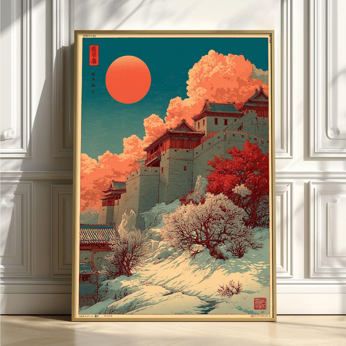 Great Wall Wall Art | Chinese Winter Poster | Red Sun Landscape Print | Asian Woodblock Decor