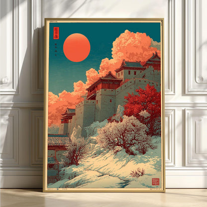 Great Wall Wall Art | Chinese Winter Poster | Red Sun Landscape Print | Asian Woodblock Decor