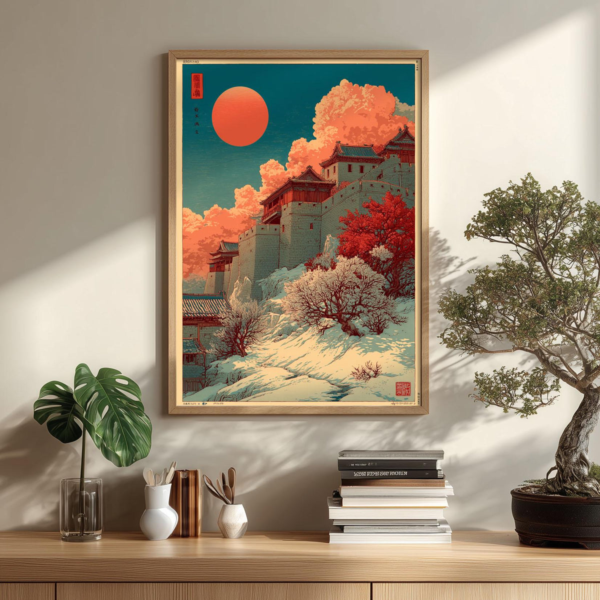 Great Wall Wall Art | Chinese Winter Poster | Red Sun Landscape Print | Asian Woodblock Decor