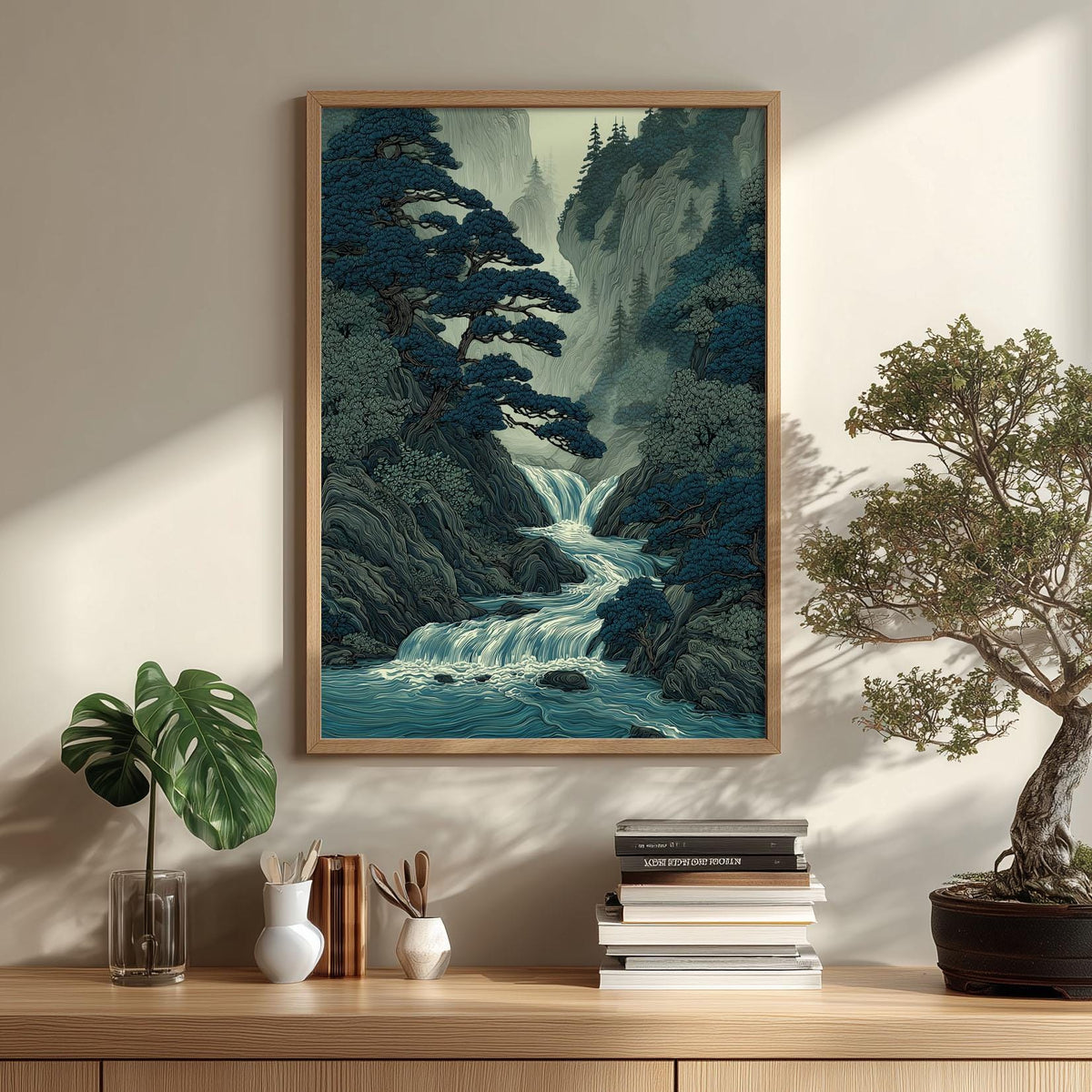 Mountain Waterfall Poster, Asian Forest Wall Art, Blue River Art Print, Zen Nature Decor