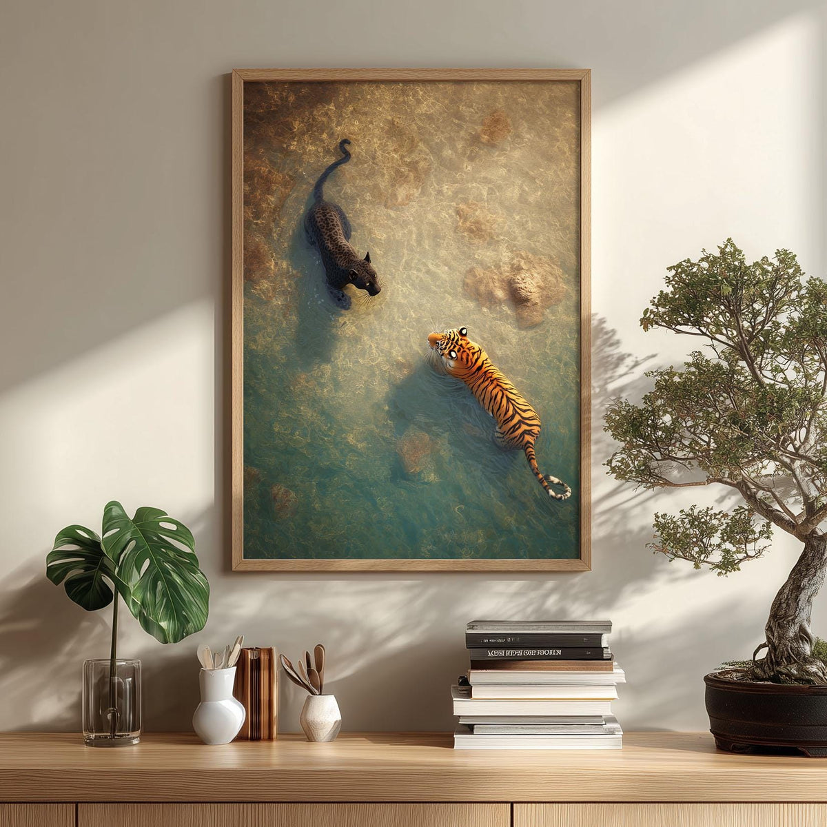 Tiger Panther Poster | Big Cat Wall Art | Jungle River Art Print | Wildlife Decor
