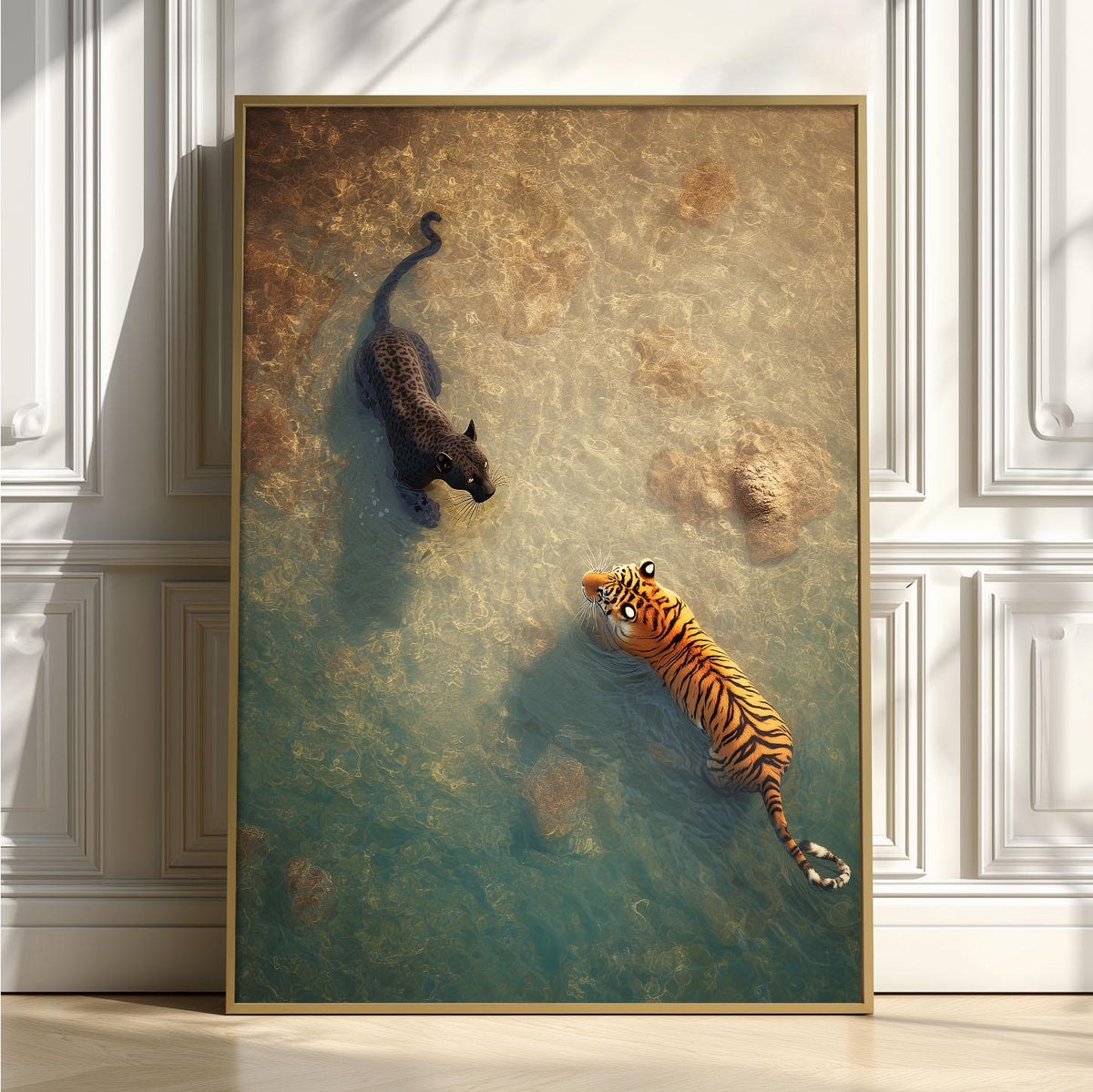 Tiger Panther Poster | Big Cat Wall Art | Jungle River Art Print | Wildlife Decor