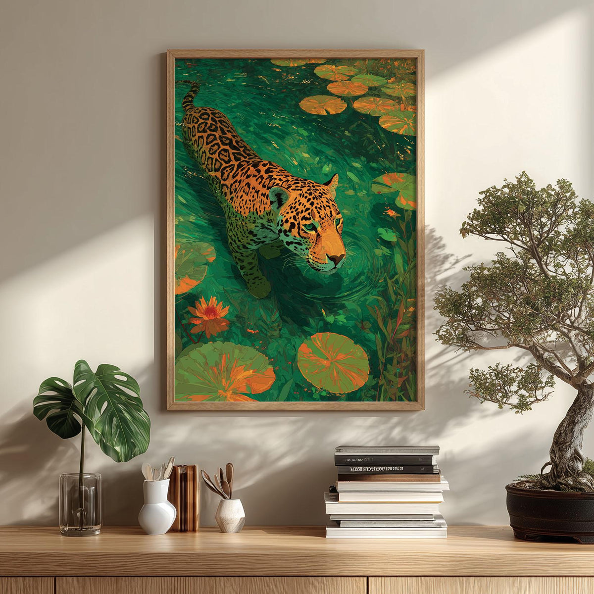 Jaguar Poster Print, Tropical Wildlife Wall Art, Emerald Water Art Print, Jungle Animal Decor