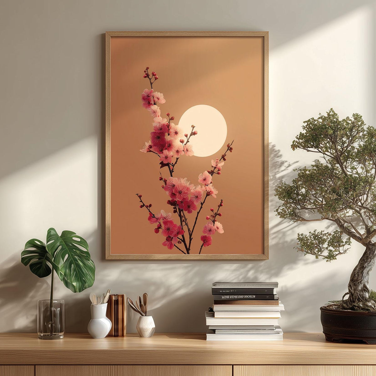 Cherry Blossom Moon Art Print | Pink Floral Japandi Spring Decor