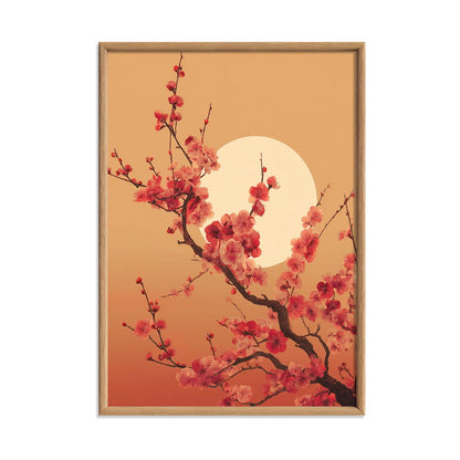 Cherry Blossom Poster, Pink Floral Wall Art, Moon Botanical Art Print, Japandi Spring Decor