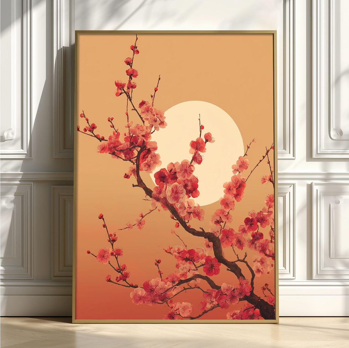 Cherry Blossom Poster, Pink Floral Wall Art, Moon Botanical Art Print, Japandi Spring Decor