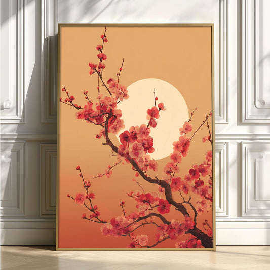 Cherry Blossom Poster, Pink Floral Wall Art, Moon Botanical Art Print, Japandi Spring Decor