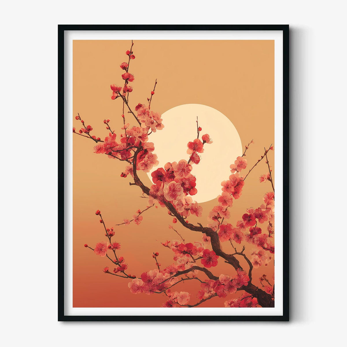 Cherry Blossom Poster, Pink Floral Wall Art, Moon Botanical Art Print, Japandi Spring Decor