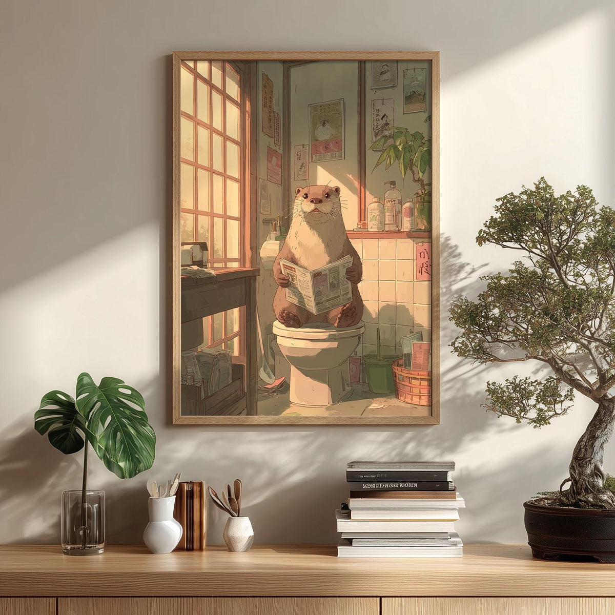 Otter Reading Newspaper Bathroom Art Print, Whimsical Toilet Wall Art Poster