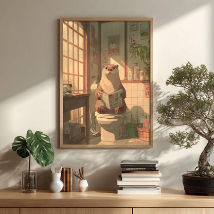 Otter Reading Newspaper Bathroom Art Print, Whimsical Toilet Wall Art Poster