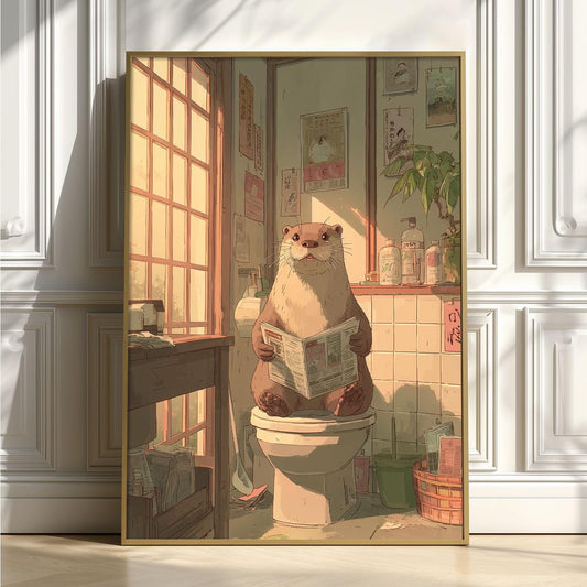 Otter Reading Newspaper Bathroom Art Print, Whimsical Toilet Wall Art Poster