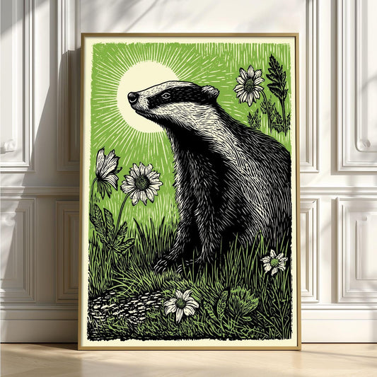 Badger Poster | Green Linocut Wall Art | Woodland Animal Art Print | Cottagecore Nature Decor