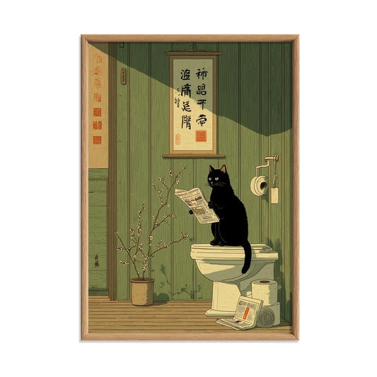 Black Cat Toilet Print | Japanese Ramen Cat Poster, Quirky Bathroom Art