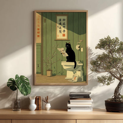 Black Cat Toilet Print | Japanese Ramen Cat Poster, Quirky Bathroom Art