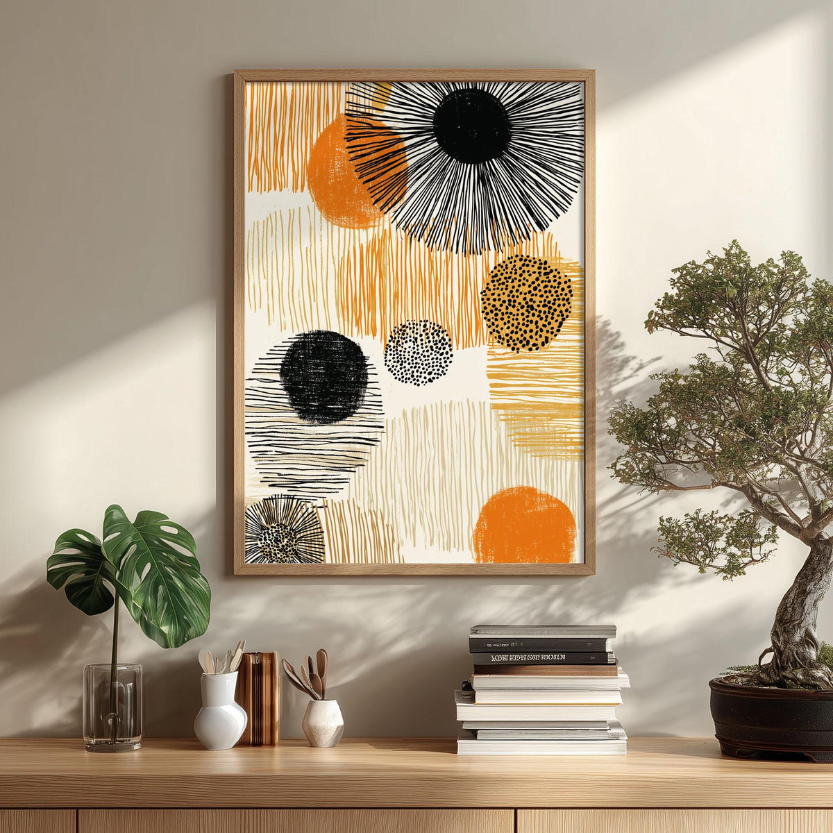 Boho Abstract Print, Orange Black Wall Art, Mid Century Poster, Geometric Line Decor