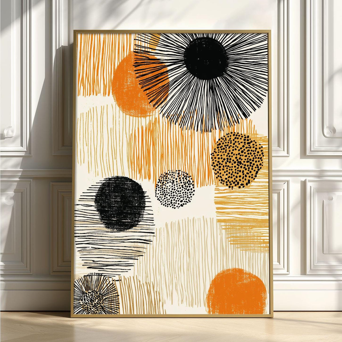 Boho Abstract Print, Orange Black Wall Art, Mid Century Poster, Geometric Line Decor