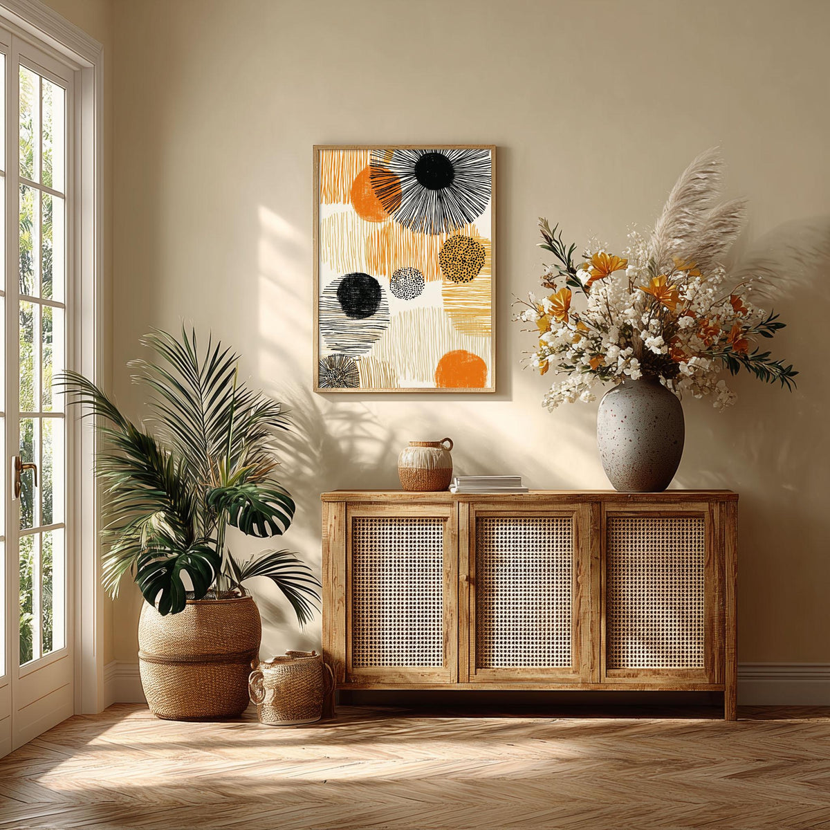 Boho Abstract Print, Orange Black Wall Art, Mid Century Poster, Geometric Line Decor