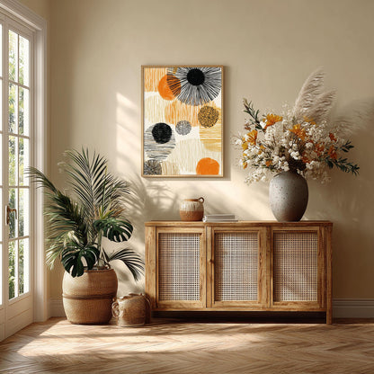 Boho Abstract Print, Orange Black Wall Art, Mid Century Poster, Geometric Line Decor