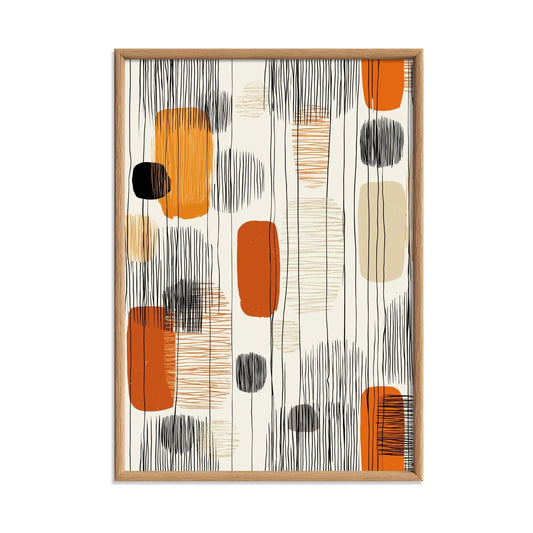 Boho Abstract Print, Orange Black Mid Century Line Art, Geometric Wall Decor