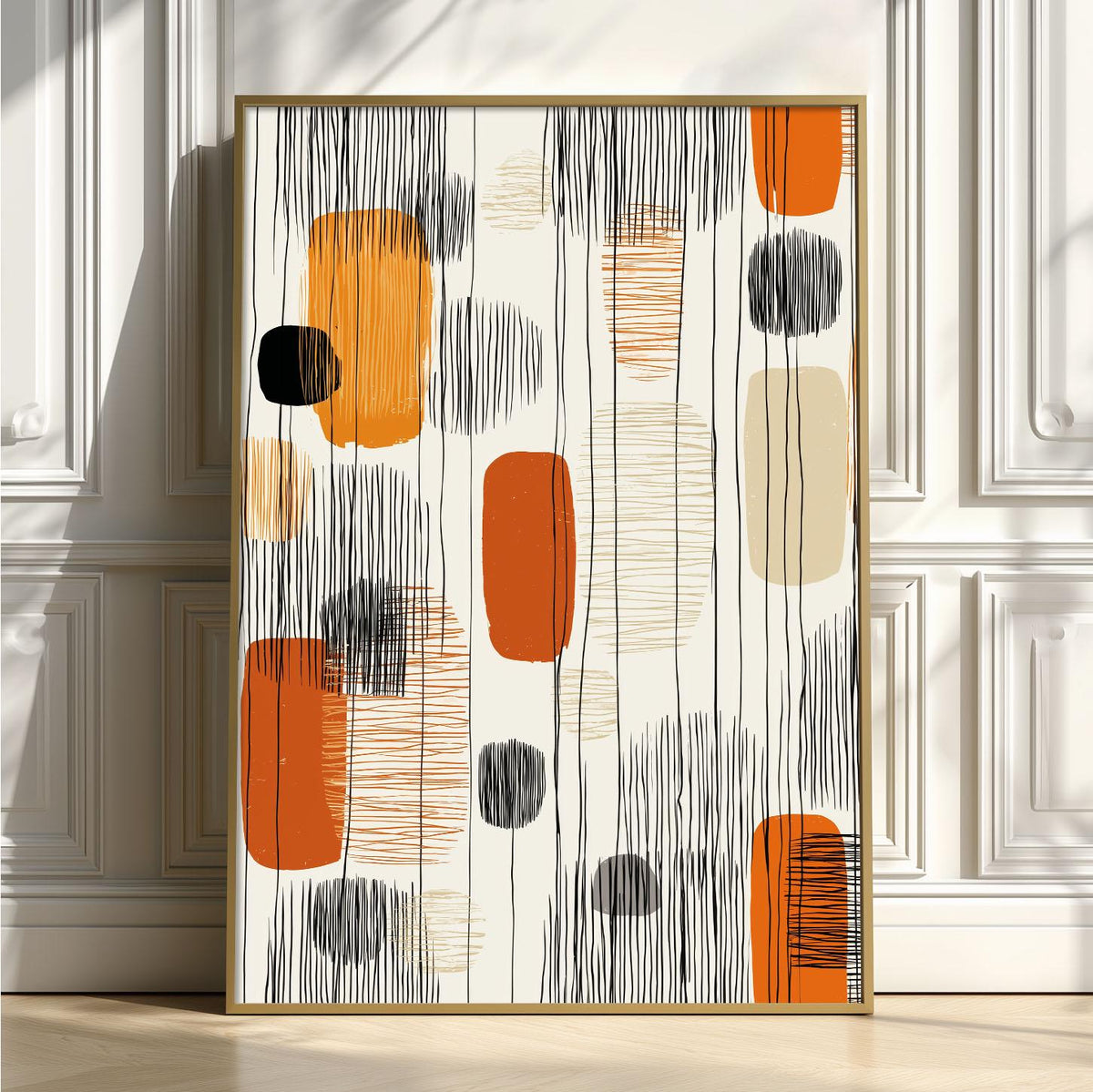 Boho Abstract Print, Orange Black Mid Century Line Art, Geometric Wall Decor