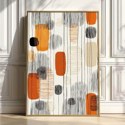 Boho Abstract Print, Orange Black Mid Century Line Art, Geometric Wall Decor