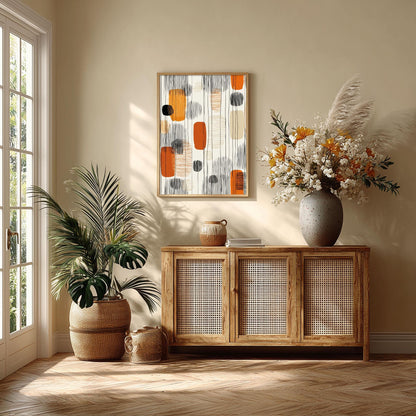 Boho Abstract Print, Orange Black Mid Century Line Art, Geometric Wall Decor