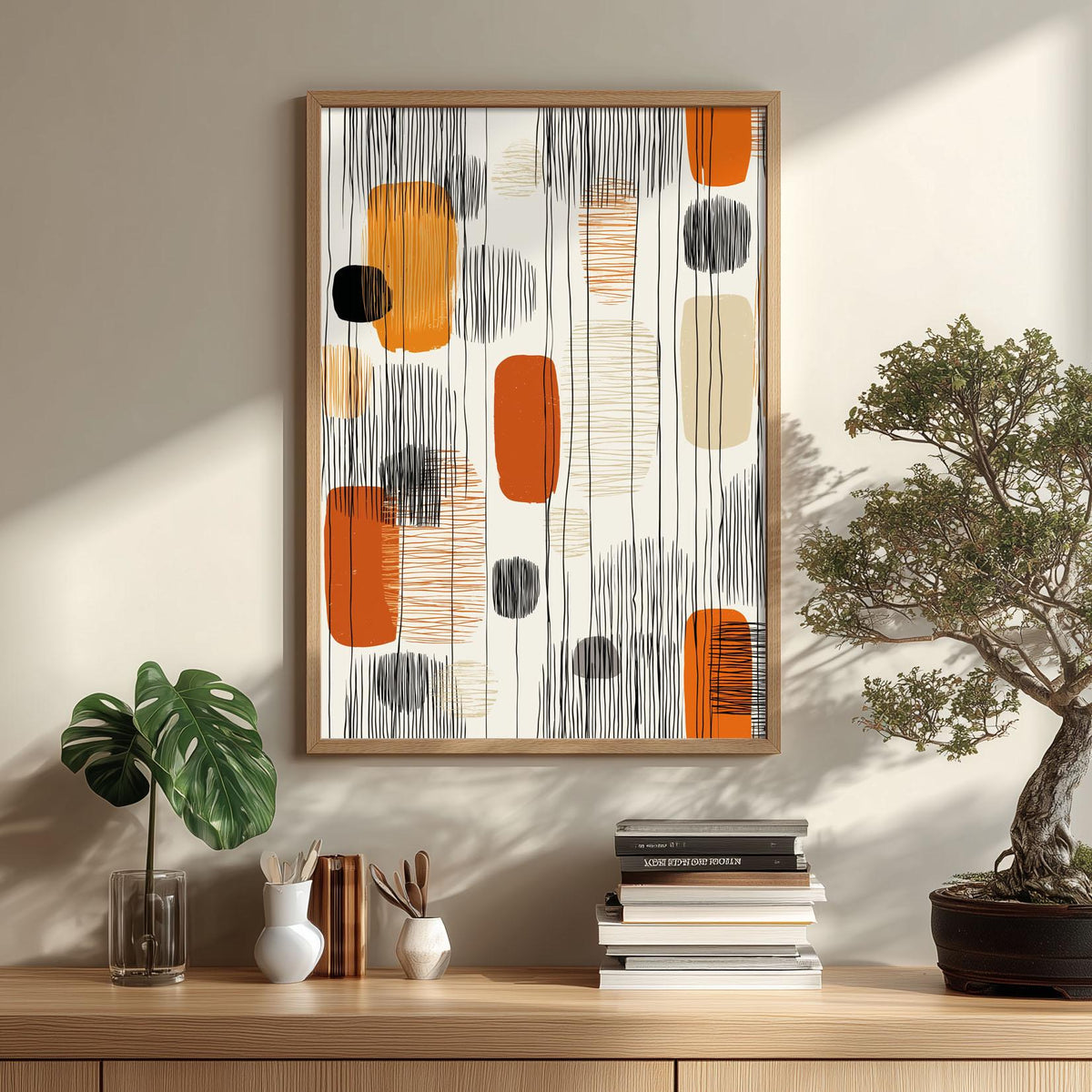 Boho Abstract Print, Orange Black Mid Century Line Art, Geometric Wall Decor