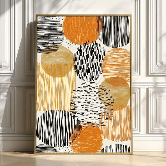Boho Abstract Poster Print | Orange Black Mid Century Line Art Geometric Decor
