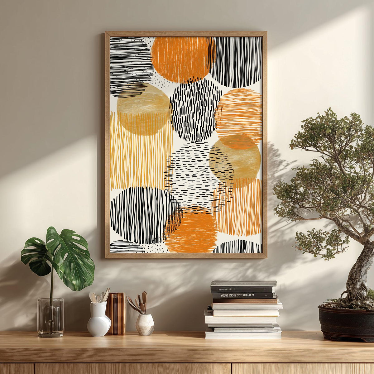 Boho Abstract Poster Print | Orange Black Mid Century Line Art Geometric Decor