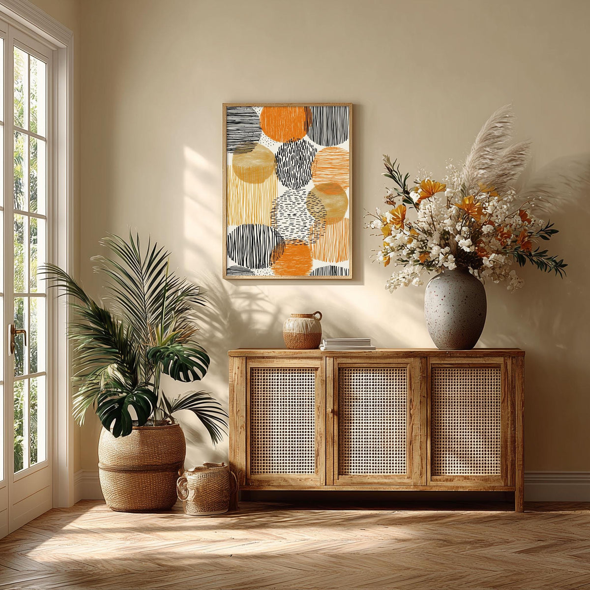 Boho Abstract Poster Print | Orange Black Mid Century Line Art Geometric Decor