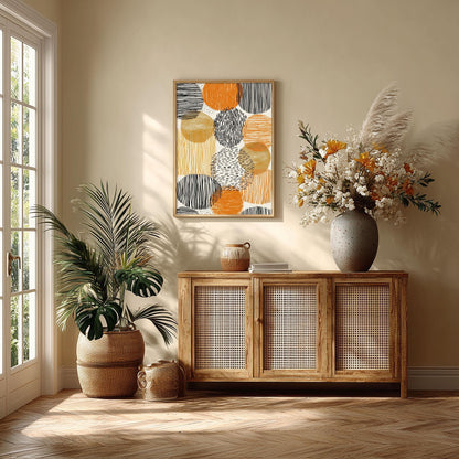 Boho Abstract Poster Print | Orange Black Mid Century Line Art Geometric Decor