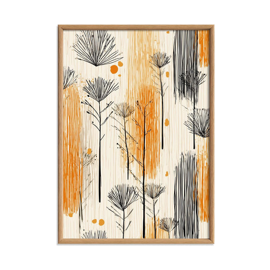 Boho Botanical Print, Mid Century Abstract Wall Art, Orange Black Floral Poster
