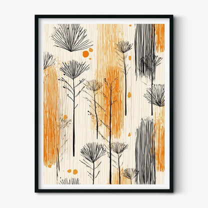 Boho Botanical Print, Mid Century Abstract Wall Art, Orange Black Floral Poster