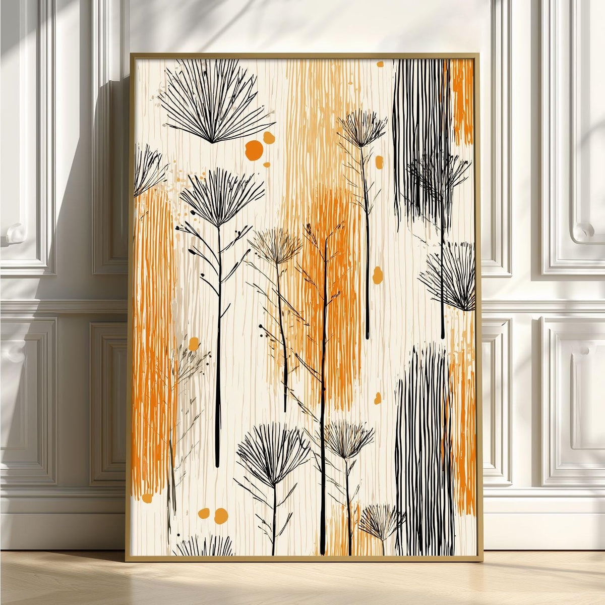 Boho Botanical Print, Mid Century Abstract Wall Art, Orange Black Floral Poster