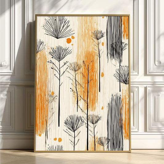 Boho Botanical Print, Mid Century Abstract Wall Art, Orange Black Floral Poster
