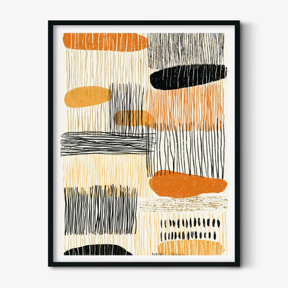 Boho Abstract Print, Orange Black Mid Century Geometric Art, Modern Minimal