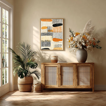 Boho Abstract Print, Orange Black Mid Century Geometric Art, Modern Minimal