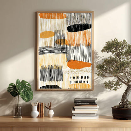 Boho Abstract Print, Orange Black Mid Century Geometric Art, Modern Minimal
