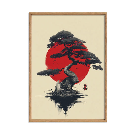 Bonsai Tree Print | Japanese Red Sun Wall Art | Minimalist Japandi Decor