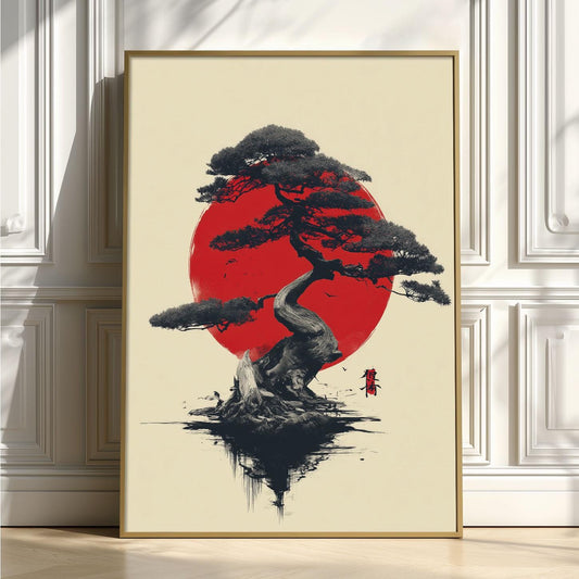 Bonsai Tree Print | Japanese Red Sun Wall Art | Minimalist Japandi Decor