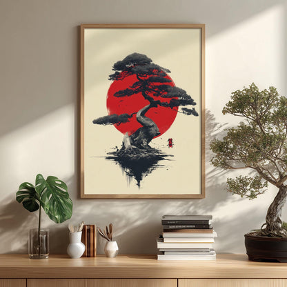Bonsai Tree Print | Japanese Red Sun Wall Art | Minimalist Japandi Decor