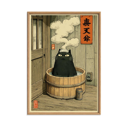 Black Cat Print, Japanese Bath Wall Art, Funny Cat Poster, Quirky Bathroom Decor